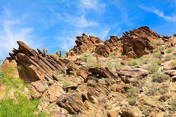 Scenic view of a rugged, rocky mountainside framed against a blue sky.