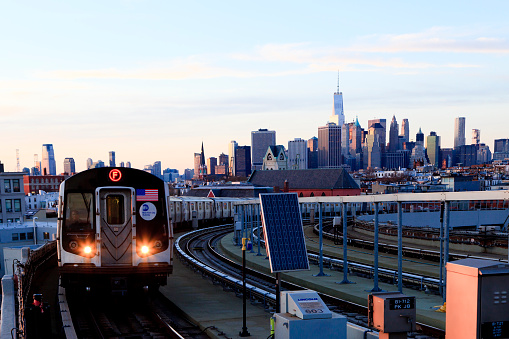 New York, NY, USA - March 11, 2016 : New York Subway: A subway train approaches at station.