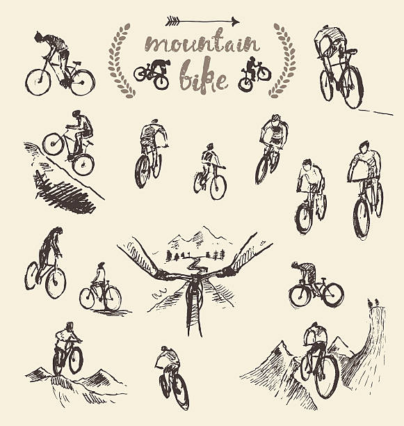 ilustraciones, imágenes clip art, dibujos animados e iconos de stock de conjunto de dibujado a mano vector de sketches bicicleta de montaña ciclista - extreme sports adventure activity backgrounds