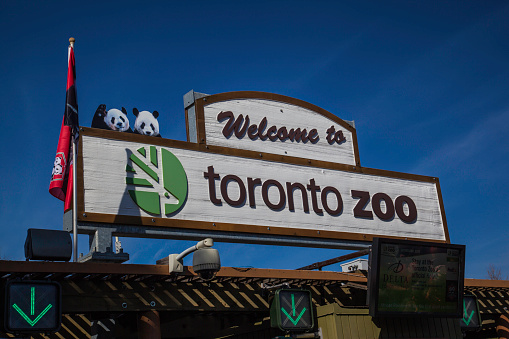 Toronto, Canada - March 12, 2016: Sign of Toronto Zoo at Main gate, Toronto, Ontario, Canada.