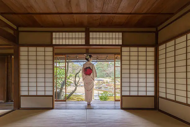 Woman wearing in Kimono was standing in front of the door of traditional Japanese room, facing the beautiful garden outside.