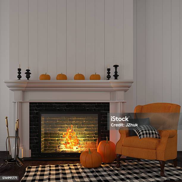 Vintage Orange Armchair Near The Fireplace Stock Photo - Download Image Now - Autumn, Halloween, Domestic Life