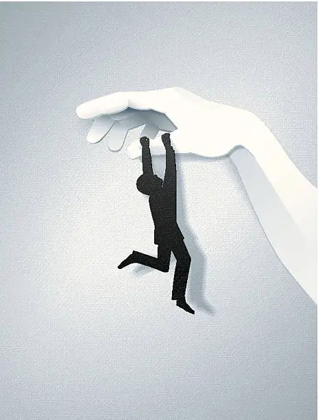 Vector illustration of Simple Card Business Man Hanging from a Giant Paper Hand