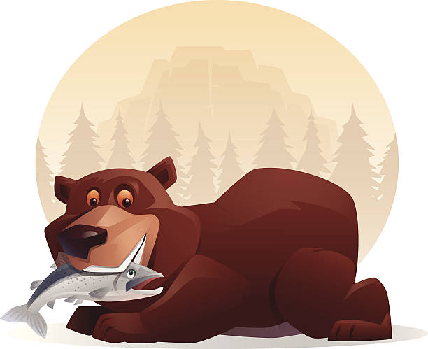bear holding salmon vector illustration of happy bear holding salmon... brown bear catching salmon stock illustrations