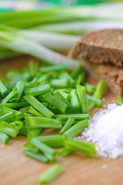 весенний лук, соли и ржаной хлеб - salt ingredient rough food стоковые фото и изображения