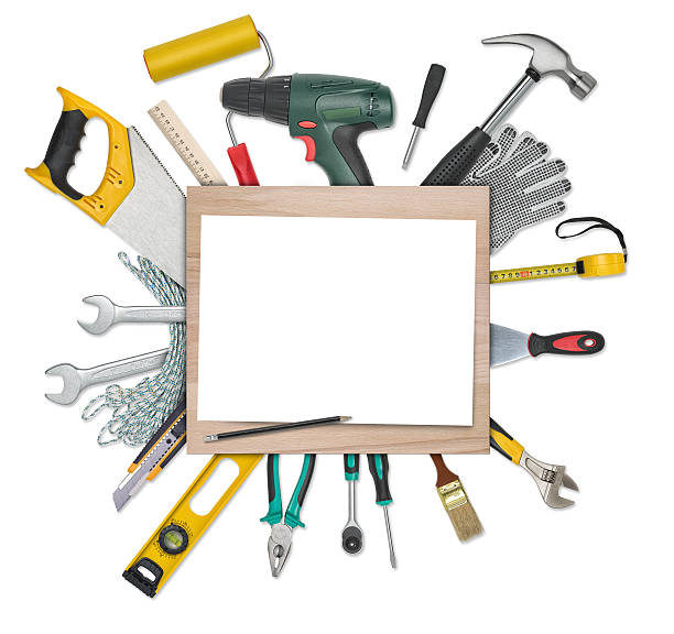 istock Set of instruments and tools underneath wooden desk with white 514994372