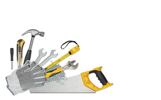 istock Top view of construction instruments and tools isolated on white 514994394