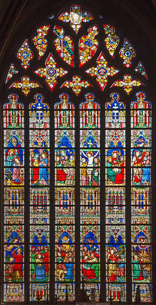 Bruges - Biblical scenes on windowpane in St. Salvator's Cathedral Bruges - The New Testament scenes on windowpane in St. Salvator's Cathedral (Salvatorskerk) by stained glass artist Samuel Coucke (1833 - 1899) st salvator's cathedral stock pictures, royalty-free photos & images