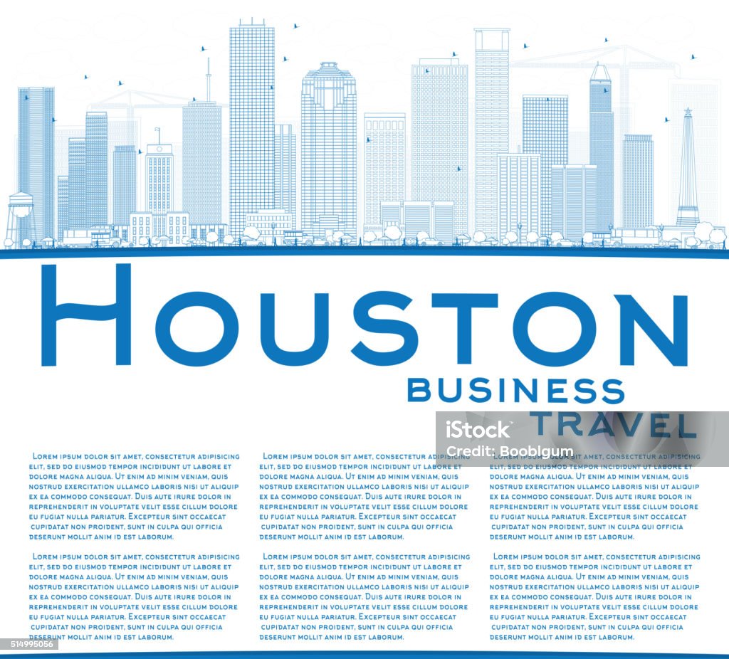 Outline Houston Skyline with Blue Buildings. Outline Houston Skyline with Blue Buildings. Vector Illustration. Business Travel and Tourism Concept with Copy Space. Image for Presentation Banner Placard and Web Site. Houston - Texas stock vector