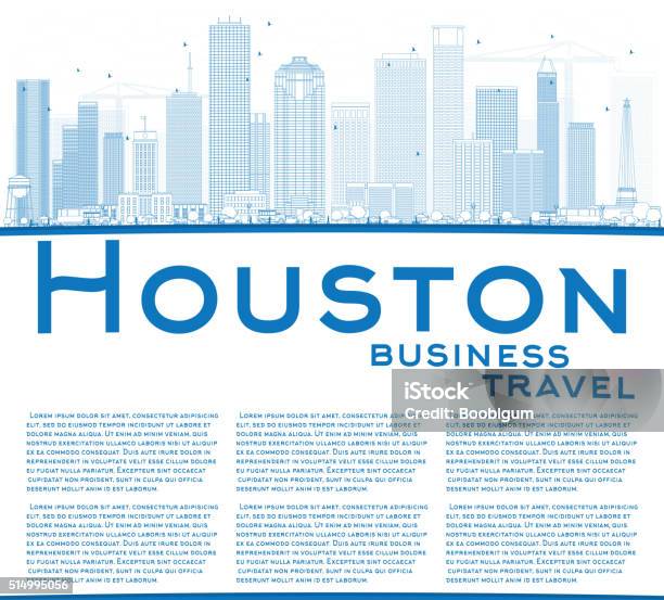 Outline Houston Skyline With Blue Buildings Stock Illustration - Download Image Now - Houston - Texas, Cityscape, Illustration