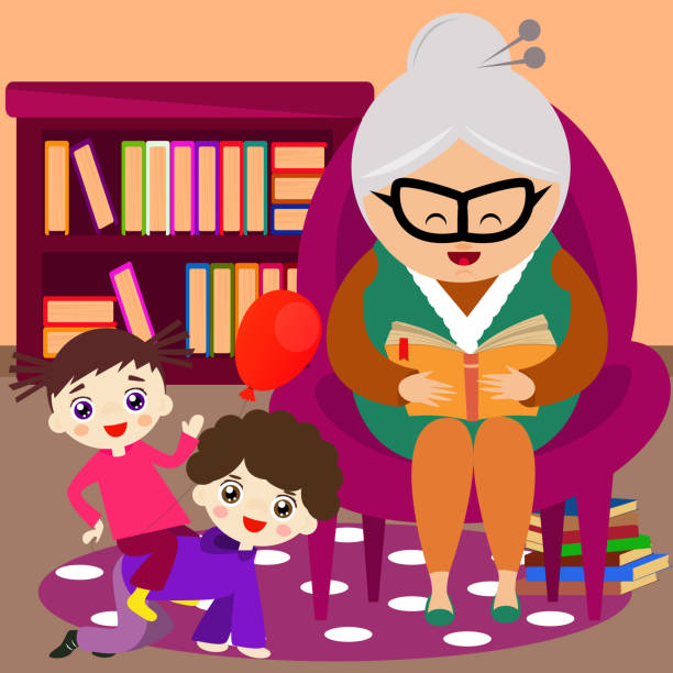 illustrations, cliparts, dessins animés et icônes de grand-mère lire une histoire à son petit-fils. - granddoughter