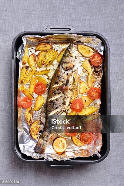 Baked Vegetables And Fish Stock Photo - Download Image Now - Foil - Material, Fish, Baked