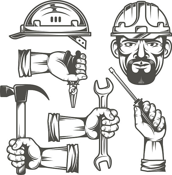 illustrations, cliparts, dessins animés et icônes de mains avec outils - adjustable wrench expertise work tool maintenance engineer