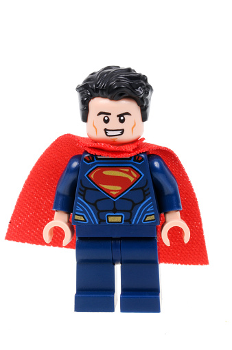 Adelaide, Australia - March 06, 2016:A studio shot of a Superman Lego Minifigure from the DC comics and movies. This particular mini figure appears in the set 76044 Clash of the Heroes based on the movie Batman V. Superman: Dawn of Justice. Lego is extremely popular worldwide with children and collectors.