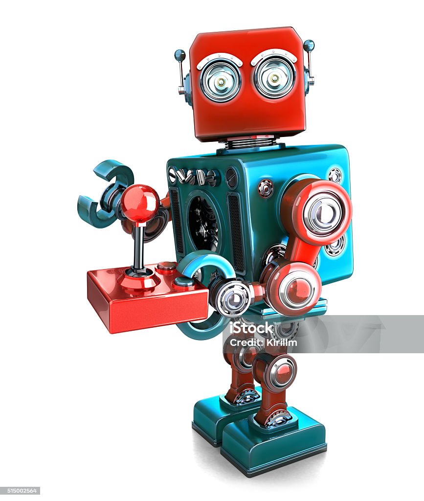 Retro Robot with a joystick. Isolated. Contains clipping path Retro Robot with a joystick. Isolated over white. Contains clipping path Gamepad Stock Photo