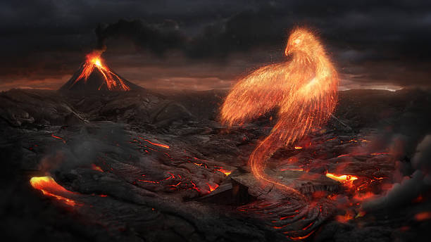bruciare uccello phoenix nel paesaggio vulcanico - judgement day sky burning red foto e immagini stock