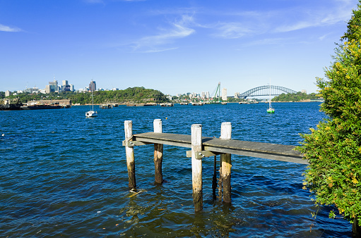 Sydney Australia Harbour Bridge seen from the suburb of Birchgrove on a sunny day.