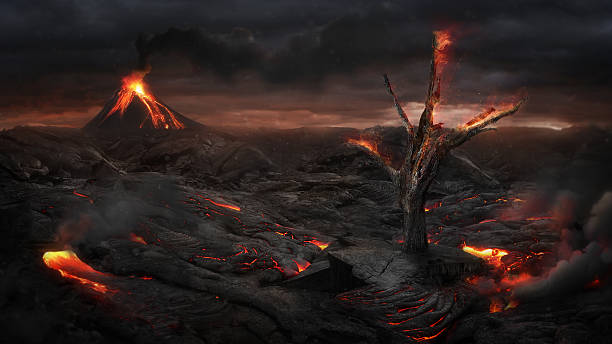 fogo árvore na paisagem vulcânica - judgement day sky burning red imagens e fotografias de stock