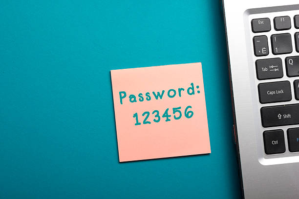 Easy Password Concept. Office table top view - Laptop and