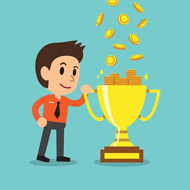 Cartoon Businessman Earning Money With Trophy Stock Illustration - Download  Image Now - Achievement, Adult, Aspirations - iStock
