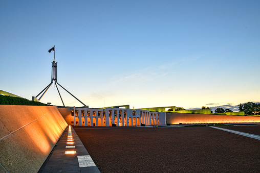 Canberra, Australia, 9 March 2016. The front entrance of the Parliament House in Canberra at sunset