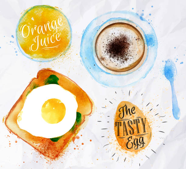 ilustrações, clipart, desenhos animados e ícones de torrada de suco de café da manhã com ovos - french toast toast coffee bread