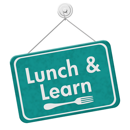 Lunch and Learn Sign, A teal hanging sign with text Lunch and Learn and a fork isolated over white