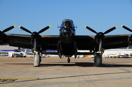 Jersey, U.K. - September 10, 2014: The static display of the Lancaster bomber at Jersey airport for the Jersey International Airshow 2014.