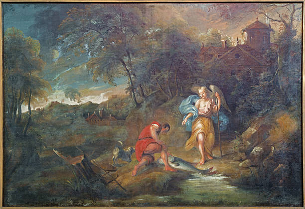 Bruges - Tobias with the archangel Raphael and fish Bruges - Tobias with the archangel Raphael and fish in st. Jacobs church (Jakobskerk) by Van de Kerkhove J. from 18. cent. tobias stock illustrations