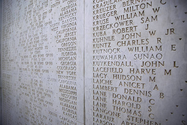Nettuno, Italia - April 06, 2015: The Names of fallen soldiers at war, American war cemetery of the American Military Cemetery of Nettuno in Italy.