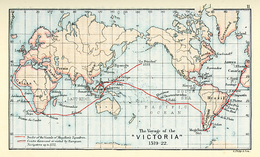 Antique Map showing the Voyage of the Victoria 1519 to 1522. The Victoria  (or Nao Victoria, as well as Vittoria) was the sole ship of Magellan's fleet to complete the circumnavigation