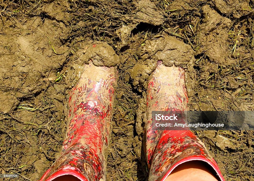 muddy wellies Wellington Boots at a music festival looking down at a close up of a woman's muddy wellies Wellington Boots at a music festival Music Festival Stock Photo