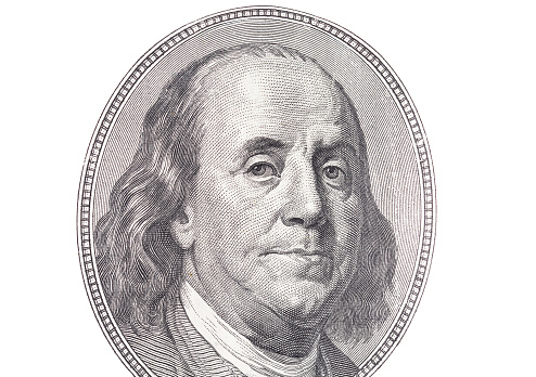Benjamin Franklin. Qualitative portrait from 100 dollars banknote.