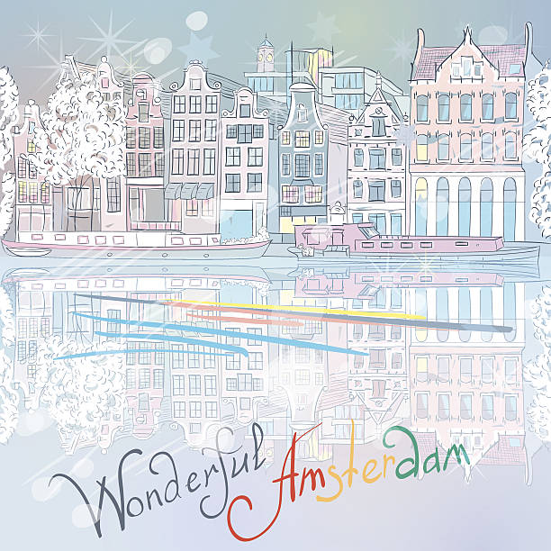 illustrations, cliparts, dessins animés et icônes de illustration de noël canal et maisons typiques d'amsterdam - amstel river illustrations