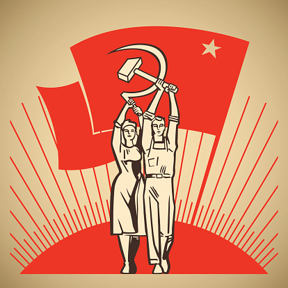 Happy man and woman together holding in their hands labour tools hammer and sickle on the background of the rising sun and waving socialism flag vector illustration