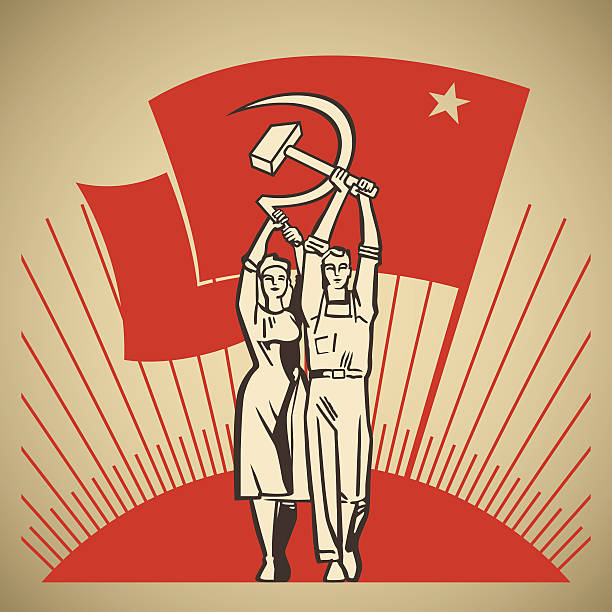 Labor Happy man and woman together holding in their hands labour tools hammer and sickle on the background of the rising sun and waving socialism flag vector illustration russian ethnicity stock illustrations