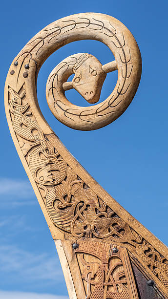 Viking ship wood carving, vertical framing stock photo