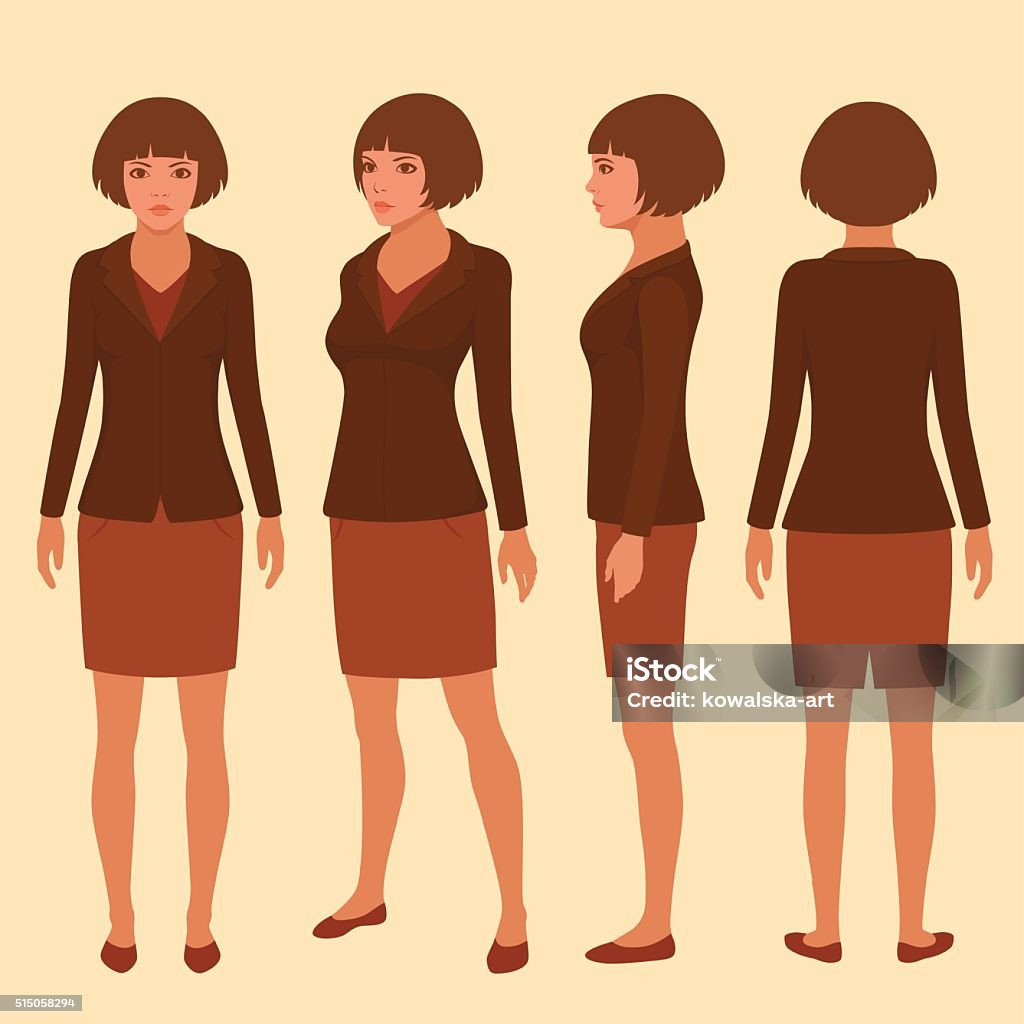 woman cartoon characte vector woman cartoon character, front, back and side view of secretary Rear View stock vector