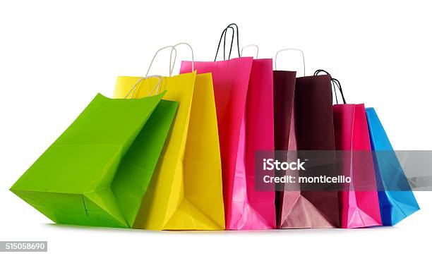 Colorful Paper Shopping Bags Isolated On White Stock Photo - Download Image Now - Bag, Shopping Bag, Shopping