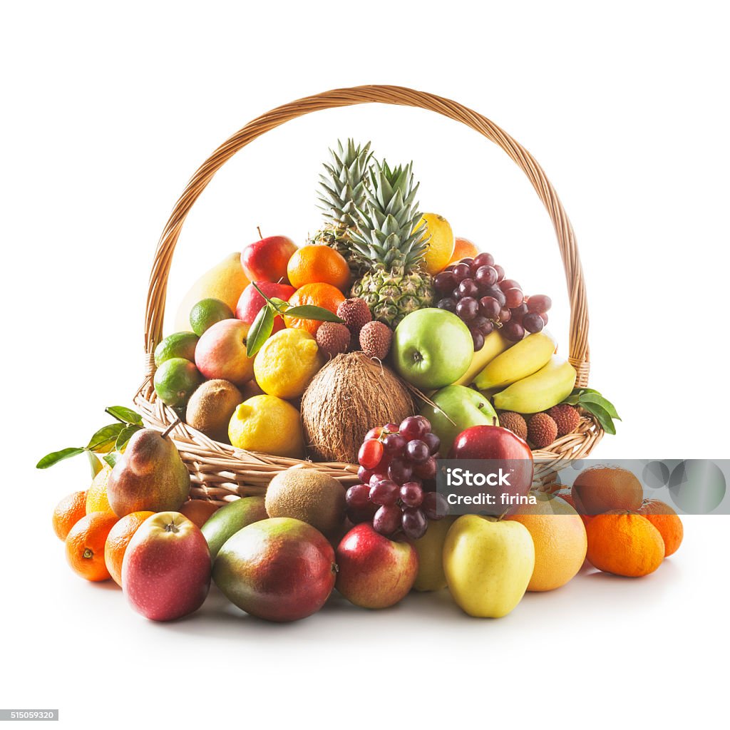 Basket with fruits Basket with fresh fruits. Healthy eating and dieting concept. Winter assortment. Objects group on white background clipping path included Fruit Stock Photo