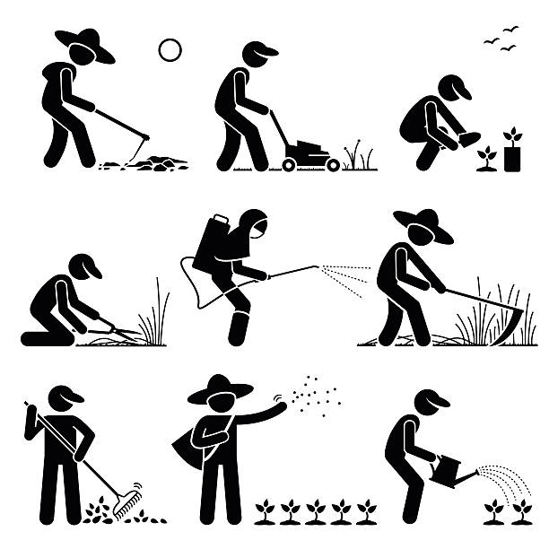 Gardener and Farmer using Gardening Tools and Equipment Set of vector stick man pictogram representing gardener and farmer using backhoe, lawnmower, plant seedling, cutting long grass with scissor, spraying insecticide and pesticide, scythe, rake, fertilizing, and flowering the plant. lawn mower clip art stock illustrations