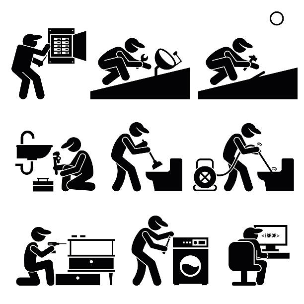Technician Handyman Electrician Plumber Roofer Services Set of vector stick man pictogram representing how technician, handyman, electrician, plumber, and roofer do their jobs to repair broken houses and fix other things. adjusting stock illustrations