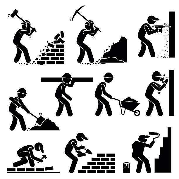 illustrazioni stock, clip art, cartoni animati e icone di tendenza di costruttori costruttori operai di costruzione siti - uomo dipinge
