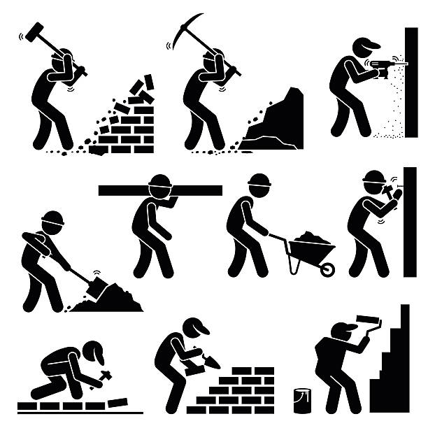 Builders Constructors Workers at Construction Sites Set of vector stick man pictogram representing builders and construction workers using various tools and equipment such as hammer, axes, drill, shovel, trowel, wheelbarrow, hammer, cement, and paint brush to paint wall. sidewalk icon stock illustrations