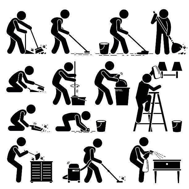 Cleaner Cleaning and Washing House Pictogram Set of vector stick man pictogram representing cleaner washing and mopping floor, wall, wiping dust, vacuuming, packing rubbishes, and sanitizing with various equipment such as broomstick, mop, cloth, water, brush, and spray. man doing household chores stock illustrations