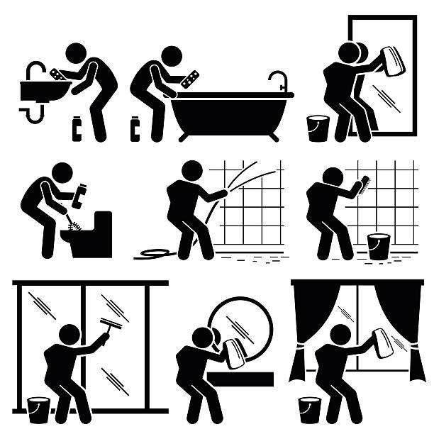Man Cleaning Bathroom Toilet Windows and Mirror Set of vector stick man pictogram representing washing and cleaning the toilet, mirror, and windows with various tools and equipment. bathroom clipart stock illustrations