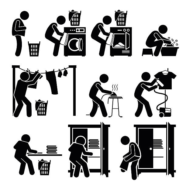 Laundry Works Washing Clothes Pictogram Set of vector stick man pictogram representing the laundry washing process. This includes throwing the dirty clothes into the washing machine, drying it with dryer or hanging under the sun, ironing, folding, and keeping it back in the cupboard. undressing stock illustrations