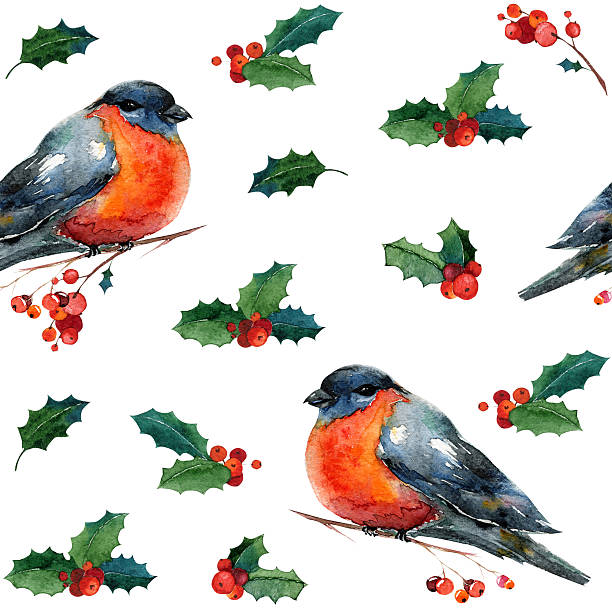 istock Watercolor Christmas seamless pattern with red winter bird bullfinch 515064538