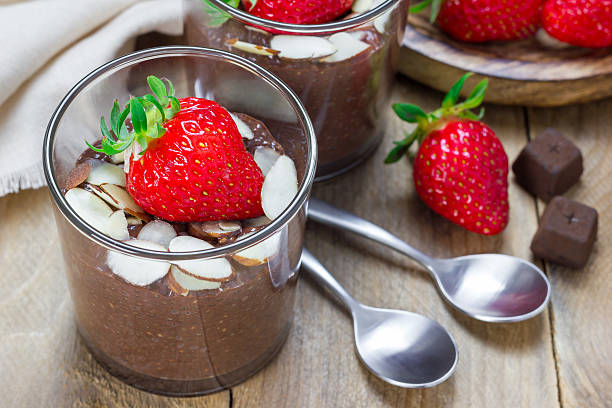 istock Chocolate chia seed pudding garnished with almond slices and strawberry 515065648