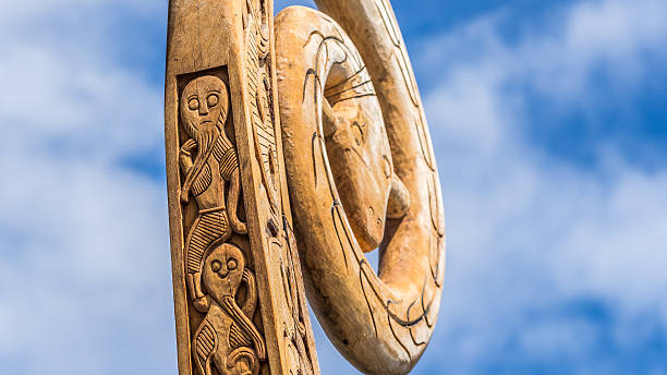 Viking ship wood carving ornaments stock photo